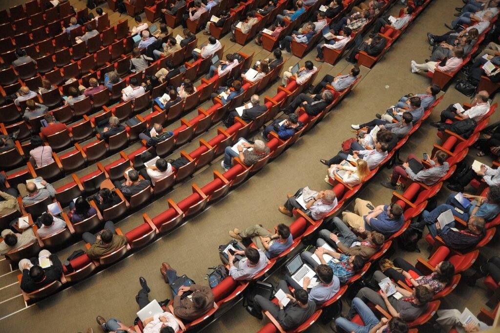 event venue, auditorium, meeting, forum, conference, listener, audience, public, people, sit, watching